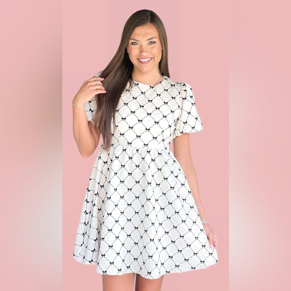 So Me Coquette Aesthetic Bow Print Mini Dress |White & Black Jacquard |NWT Small